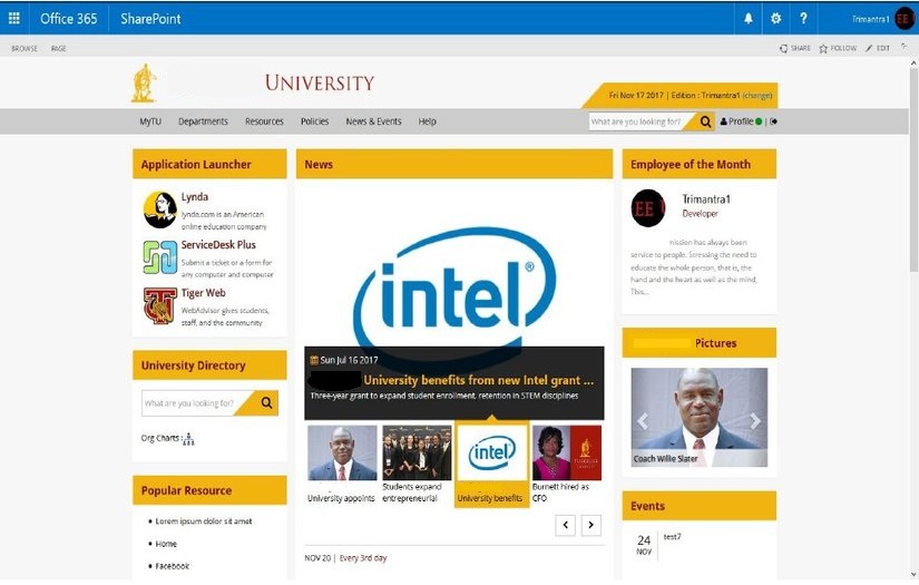 University Intranet screenshot 1