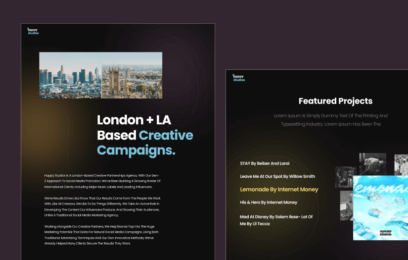 Website for Happy Studios, a music & talent agency screenshot 2