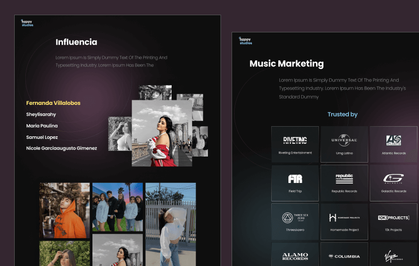 Website for Happy Studios, a music & talent agency screenshot 1