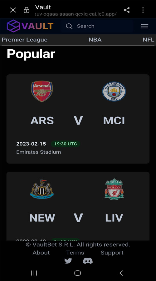 VaultBet - betting site screenshot 1