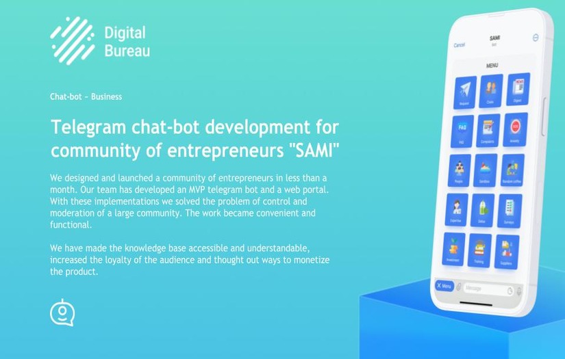 Telegram chat-bot development for community of entrepreneurs "SAMI" screenshot 1