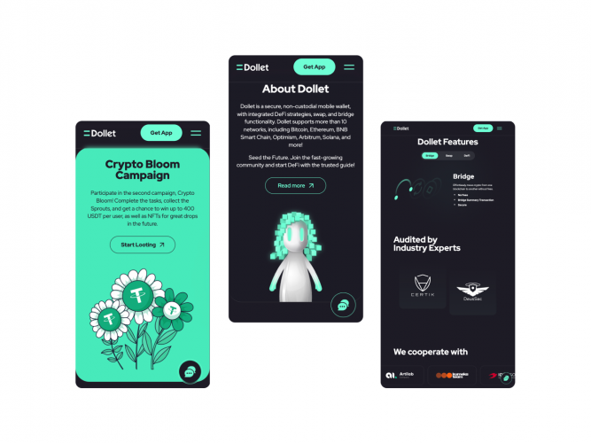 WordPress website development and technical support for Dollet Wallet multi-chain crypto wallet app screenshot 1