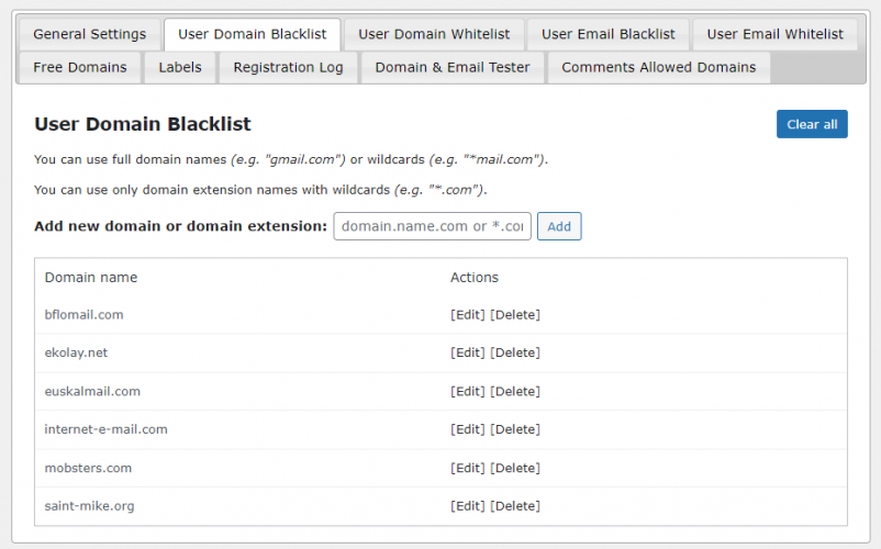 WordPress Email Registration Blacklist Plugin screenshot 3