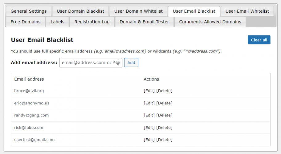 WordPress Email Registration Blacklist Plugin screenshot 1