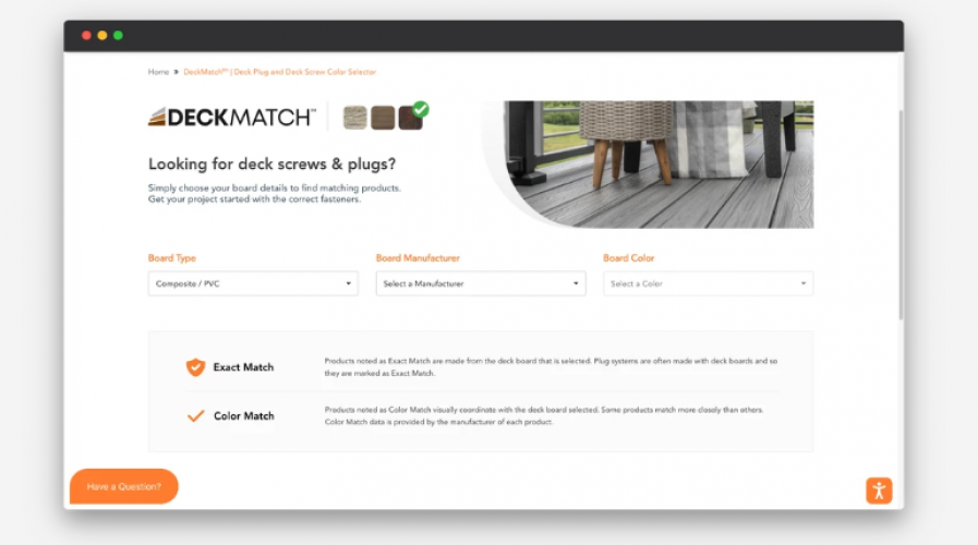 Deckmatch Simplifying Deck Plug and Screw Selection for DIY Home Center Customers. screenshot 1