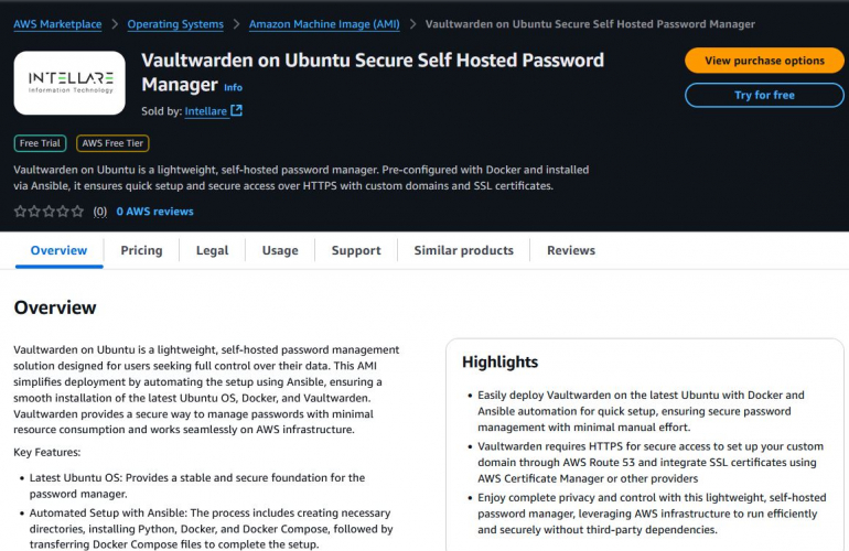 Vaultwarden AMI with NGINX on AWS Marketplace screenshot 1