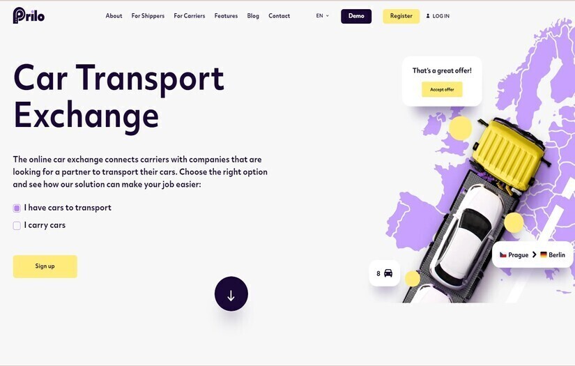 Prilo.com car logistics marketplace. Building a logistics platform for European car shipping leader screenshot 1