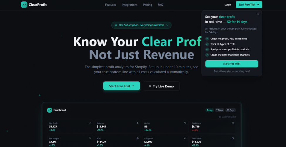 ClearProfit – Shopify Profit Calculator & E-commerce Analytics Dashboard screenshot 3