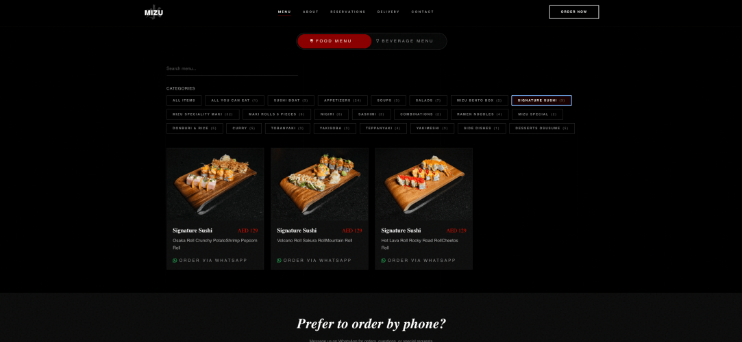 Mizu Restaurant – Premium Japanese Sushi Website with Omakase Reservations, Menu & WhatsApp Ordering screenshot 2