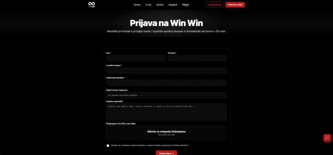 Win Win – Sales Recruitment Website for Leading Slovenian Telecom Sales Organization with AI Chatbot & Contentful CMS screenshot 1