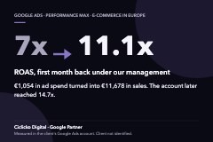 European e-commerce store, Performance Max ROAS from 7x to 11.1x
