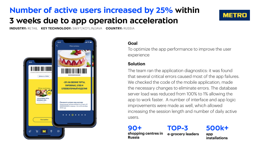 Number of active users increased by 25% within 3 weeks due to app operation acceleration and critical issues elimination screenshot 1