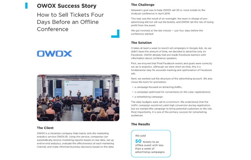 OWOX Success Story: How to Sell Tickets Four Days Before an Offline Conference screenshot 1
