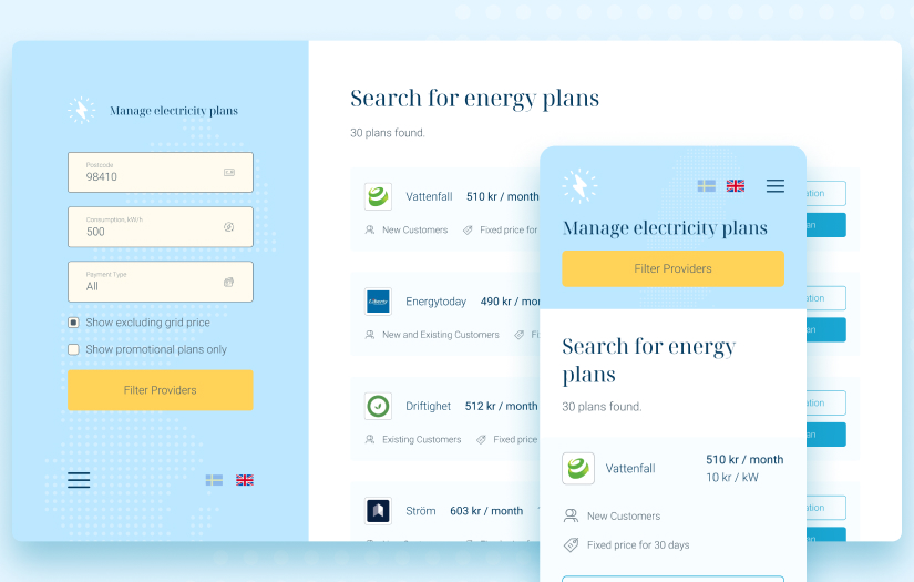 Fintech platform for tariff calculation and comparison screenshot 1