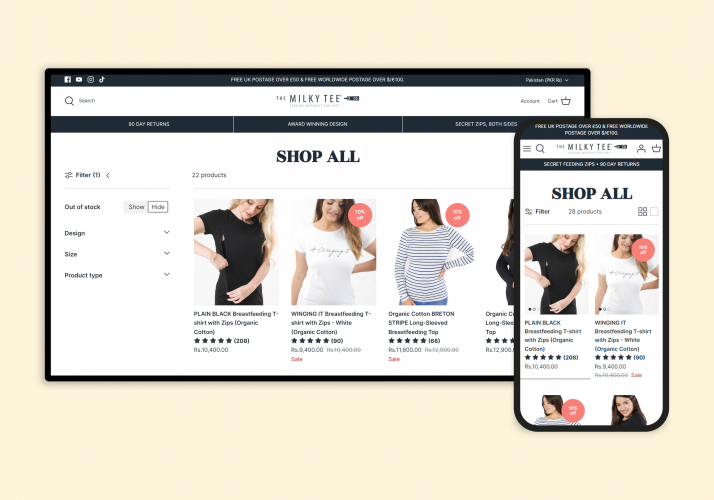 The Milky Tee Company website's migration from Magento to Shopify screenshot 1