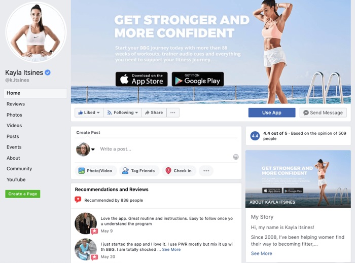 Kayla Itsiness Fitness Facebook Profile