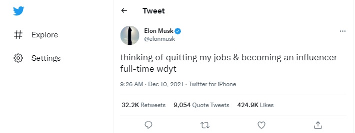 Elon musk tweets on quitting job and becoming influencer