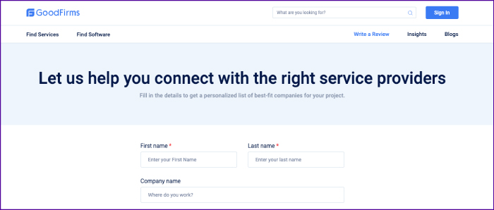 Screenshot of Goodfirm's page for getting personalized AR/VR companies list