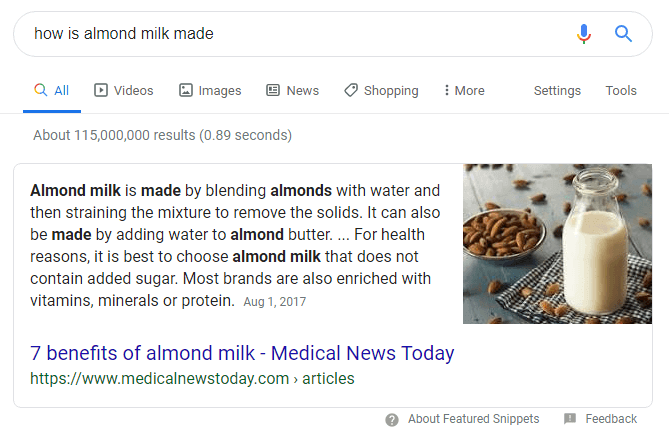 Featured Snippet Example - "how is almond milk made"