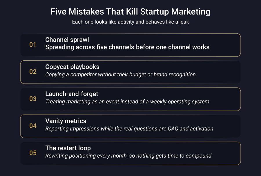Infographic listing five common mistakes that undermine startup marketing strategies