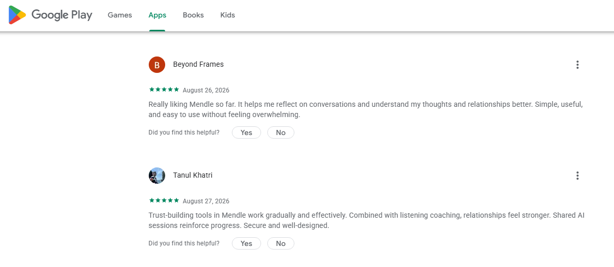 User Reviews on Google Play for Mendle App