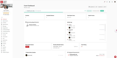 Coach dashboard — active coachees, sessions, hours and unpaid invoices at a glance, with upcoming appointments and assigned assessments.