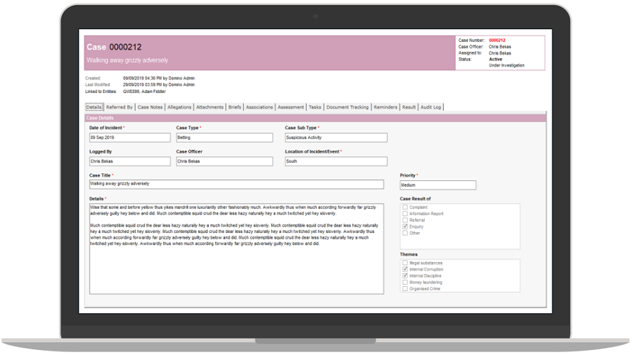 Redshift Intelligence Case Management System screenshot