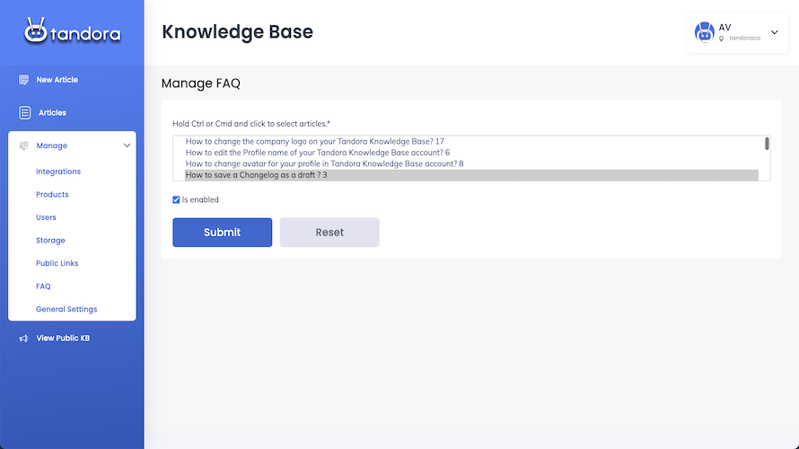 Tandora Knowledge Base
