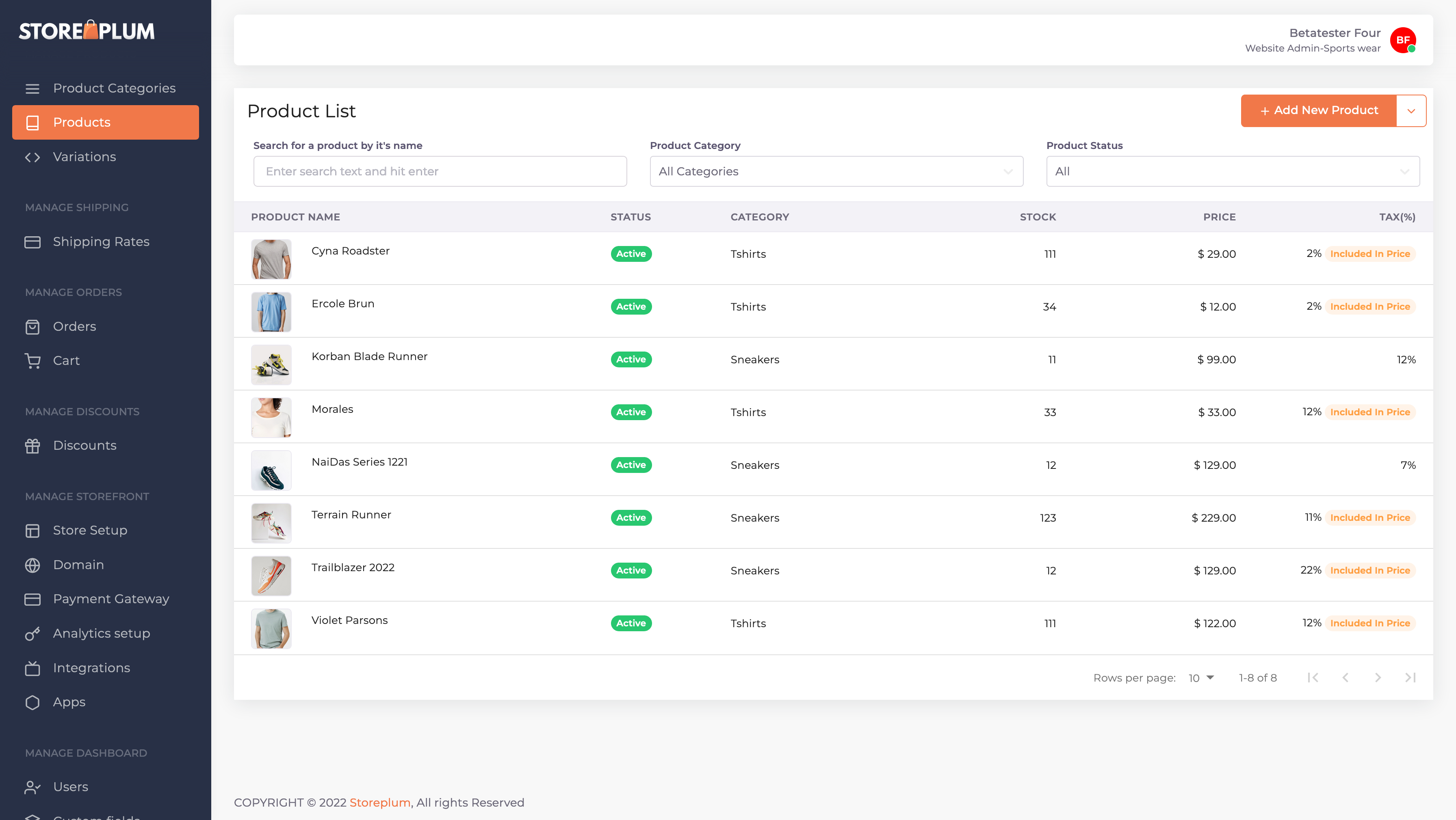 Storeplum Dashboard to manage a online store