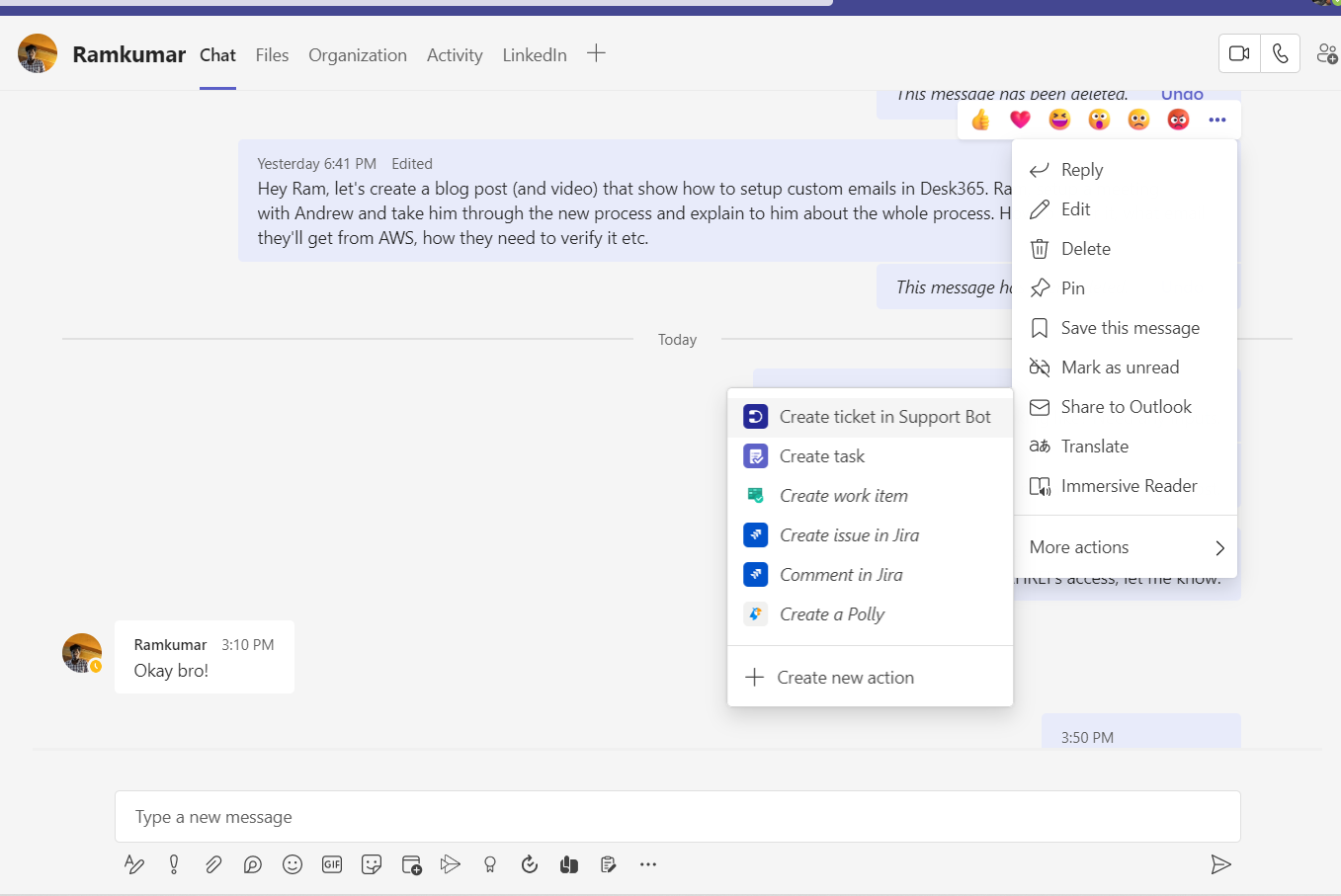 Create tickets from Microsoft Teams Chat.