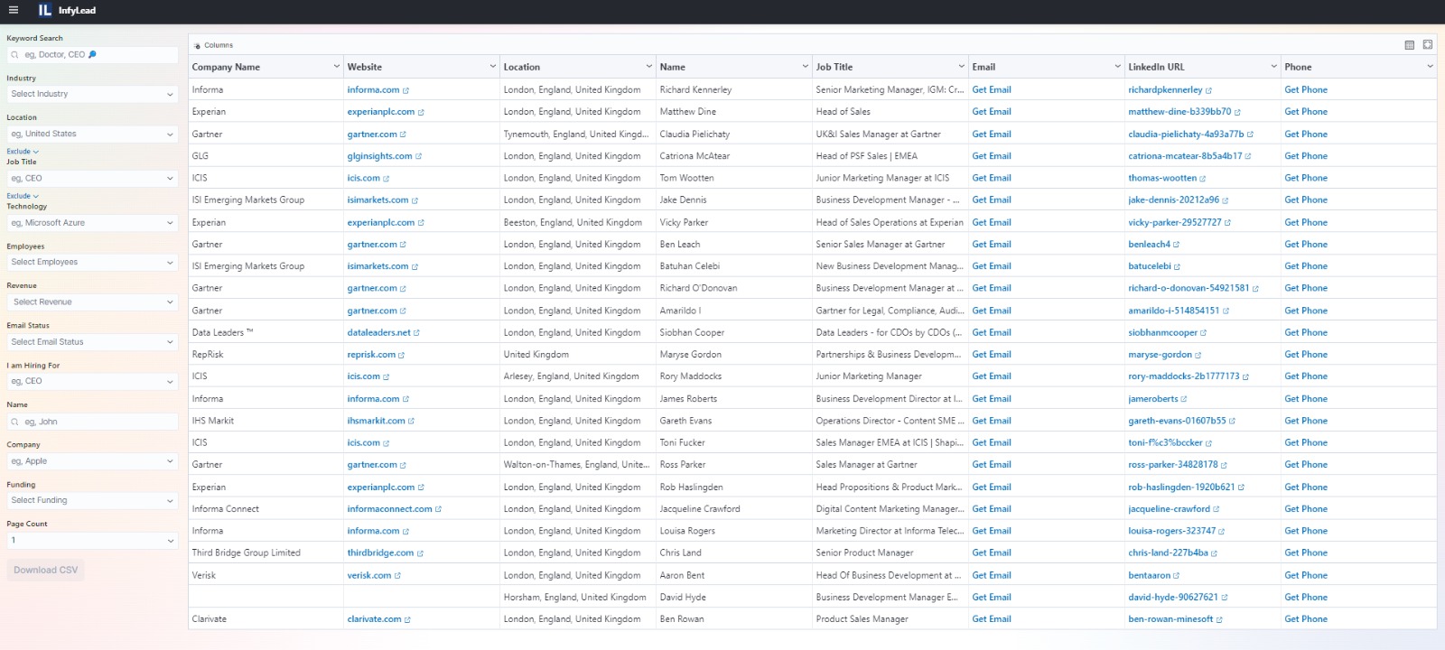 InfyLead Search Filters