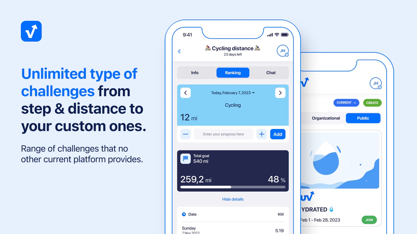 Unlimited type of challenges from step & distance to your custom ones.
Range of challenges that no other current platform