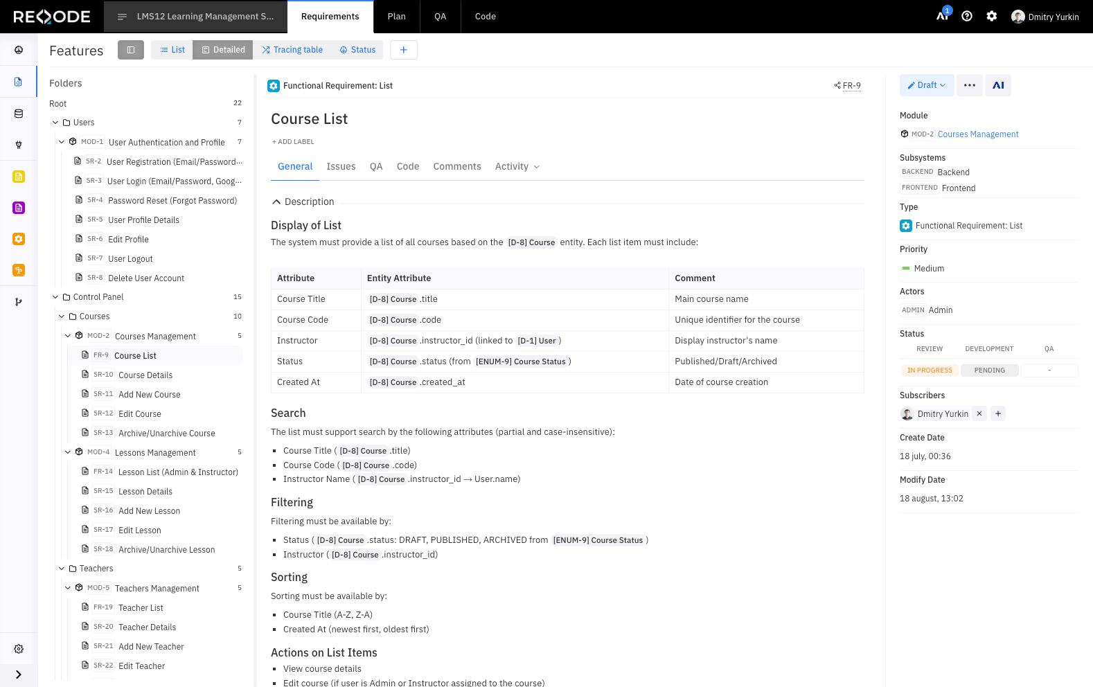Requirements Detailed View
