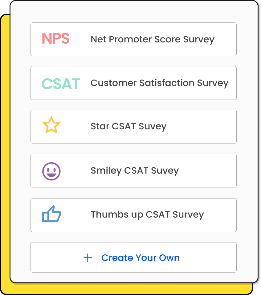 Create any kind of Survey, Standard ones like NPS, CSAT, or a Custom Survey