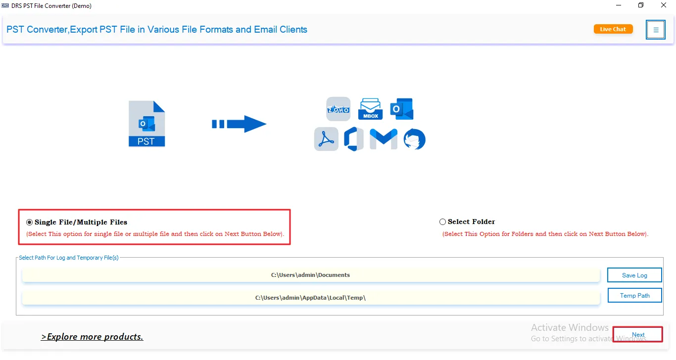 Launch the MigrateEmai[s PST Converter
Tool Opt for the Single File/MuItiple Files
option and press Next.