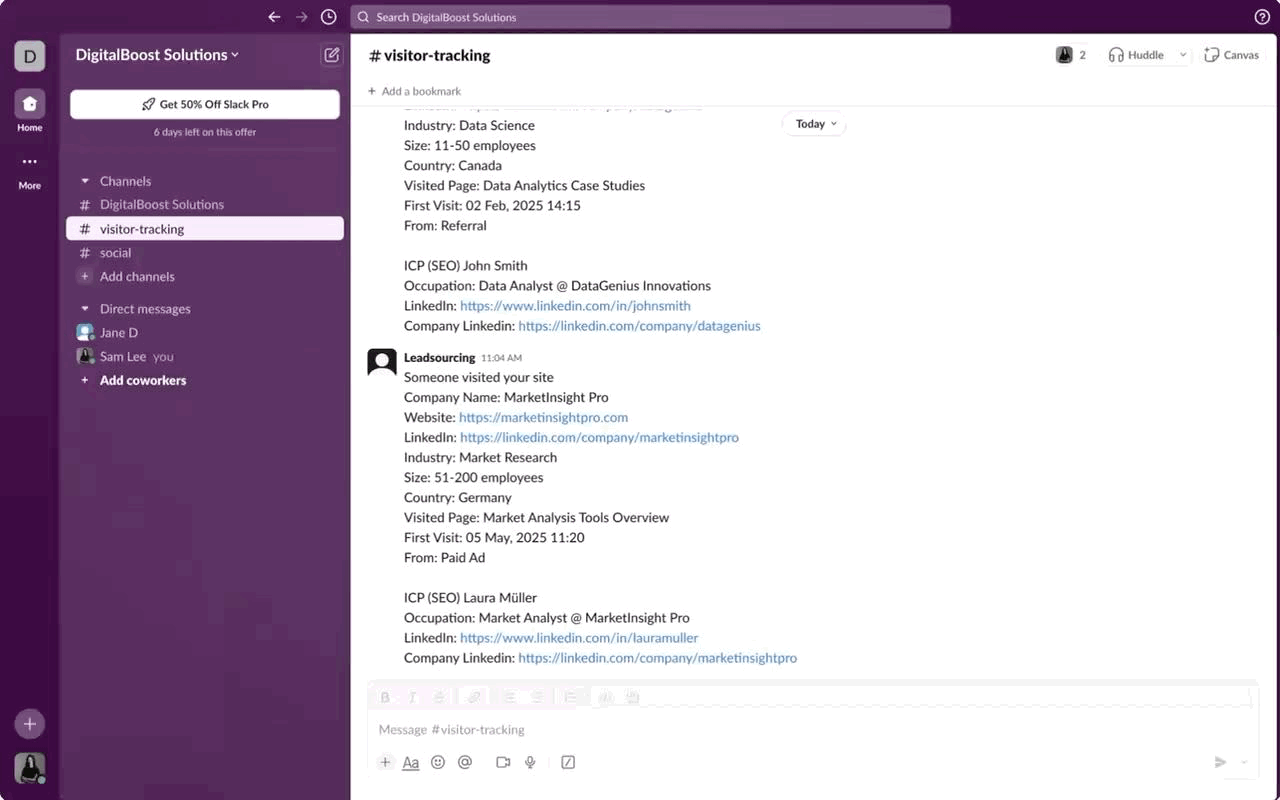 Receive instant alerts in Slack or Discord when qualified leads visit your website, so your team can act fast.