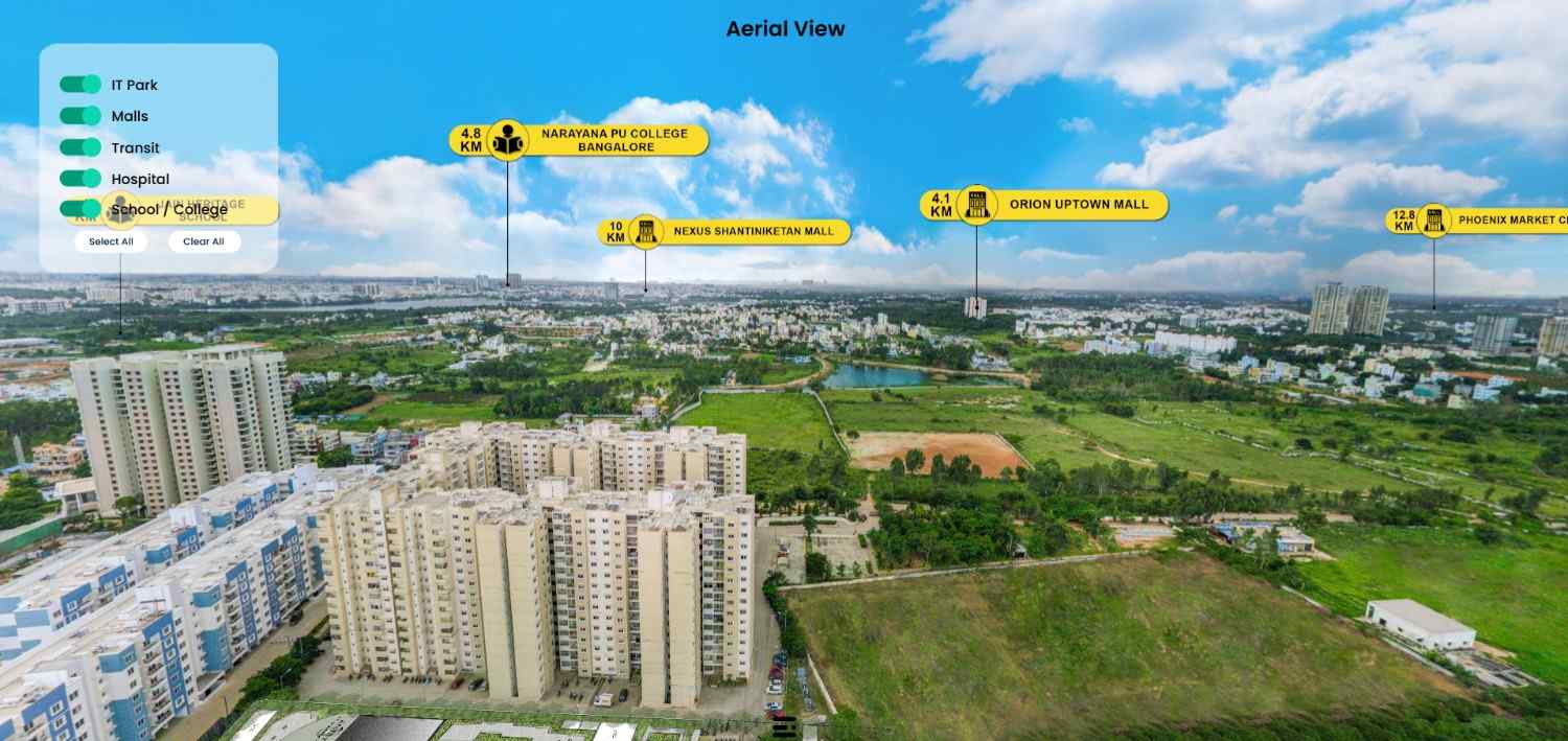 Experience a 360° view of properties and their surroundings, with clear callouts for nearby amenities like schools, hospitals, tech parks, and malls,