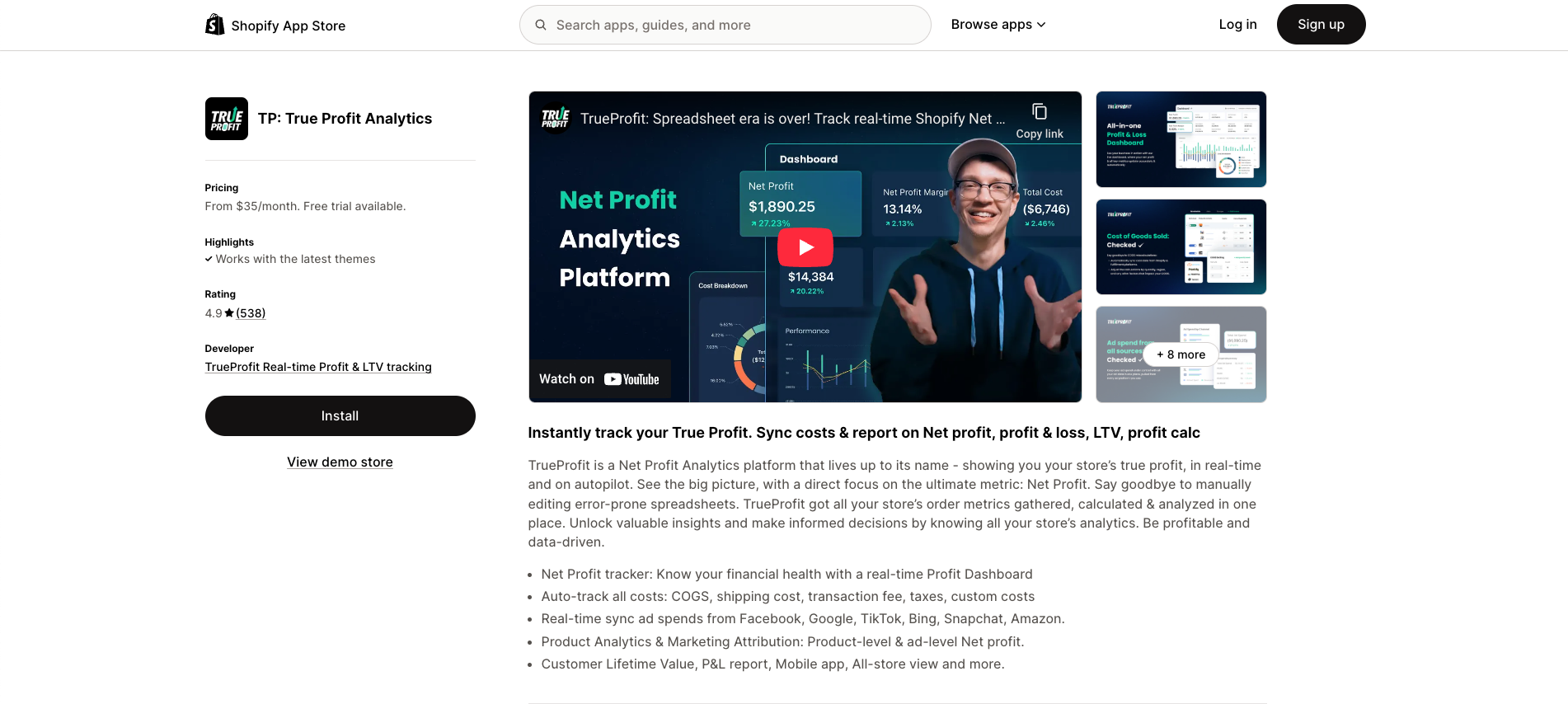 TrueProfit's Shopify App Listing