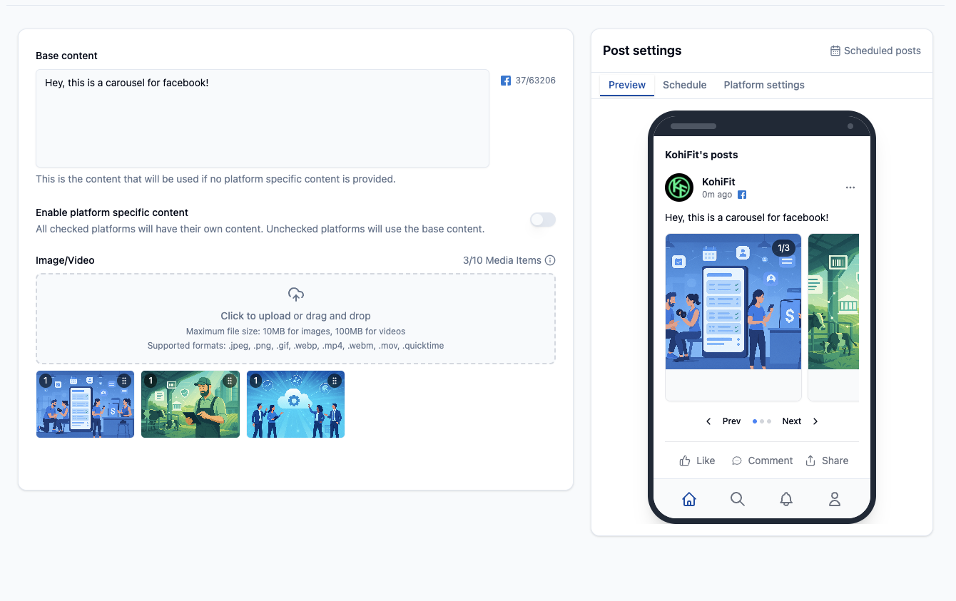 Schedule Facebook carousels with link and live preview for each