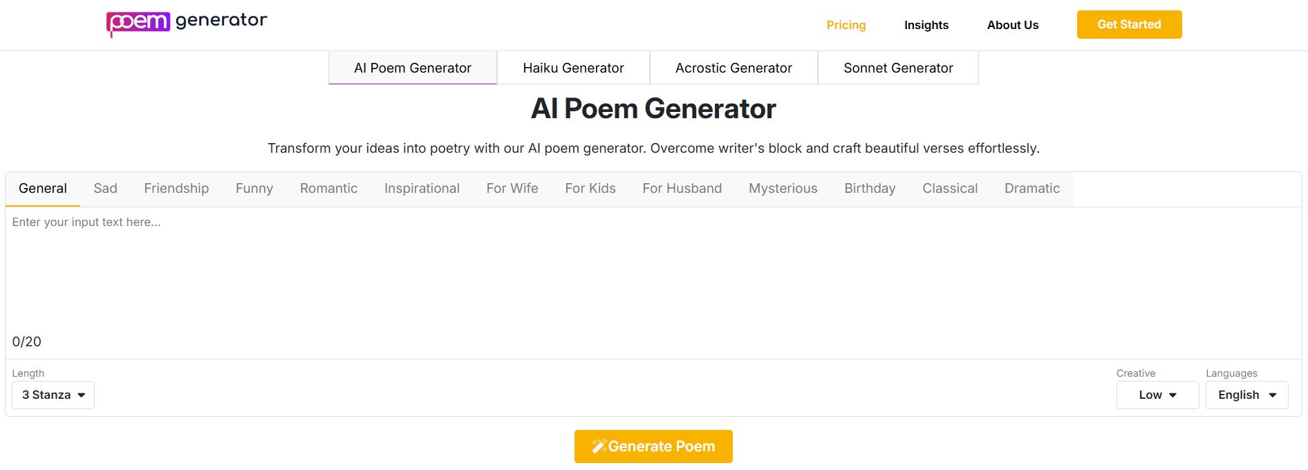 Write poems with the help of AI. Just choose your topic and style. Get sweet, fun, or deep poems in seconds—no writing skills needed.