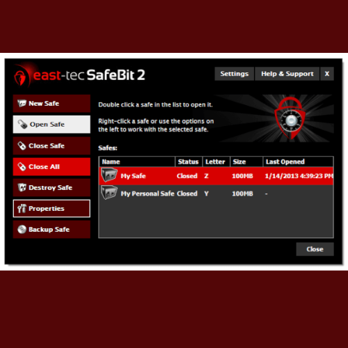 An overview and short description of options available in the program, such as open safe, close safe, and destroy safe.