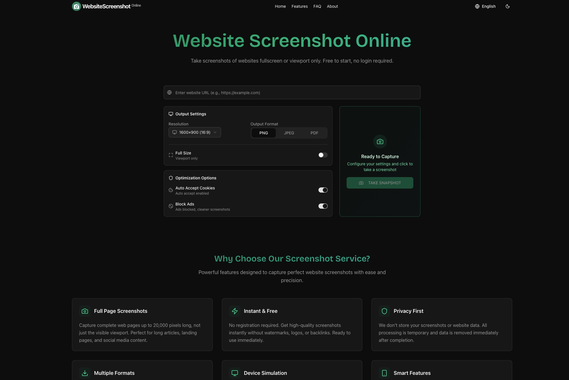 WebsiteScreenshot is a free tool to capture full or partial web pages in PNG, JPEG, or PDF—no registration required. 