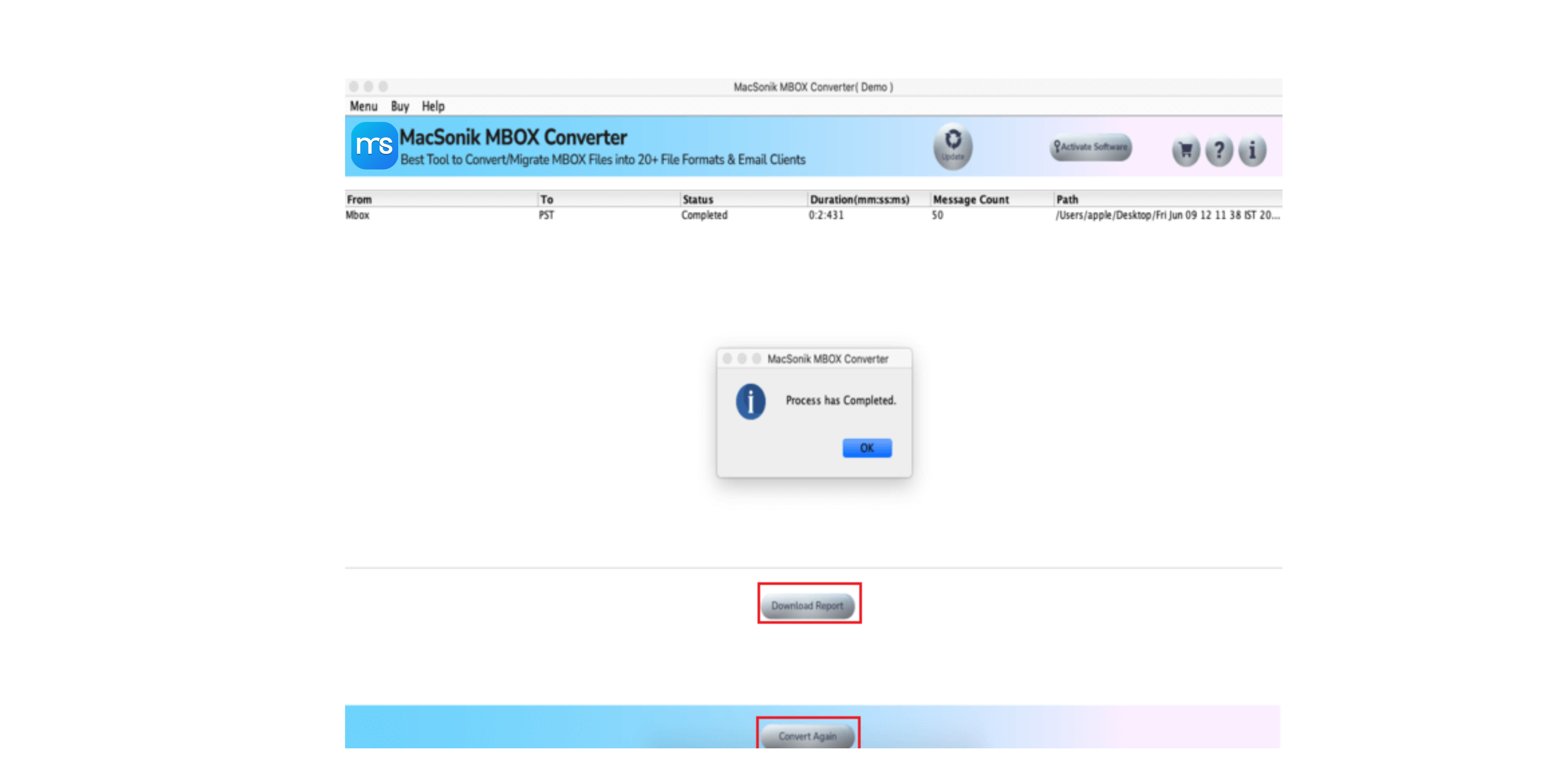 Dashboard view showing MBOX file selection and multiple export options.