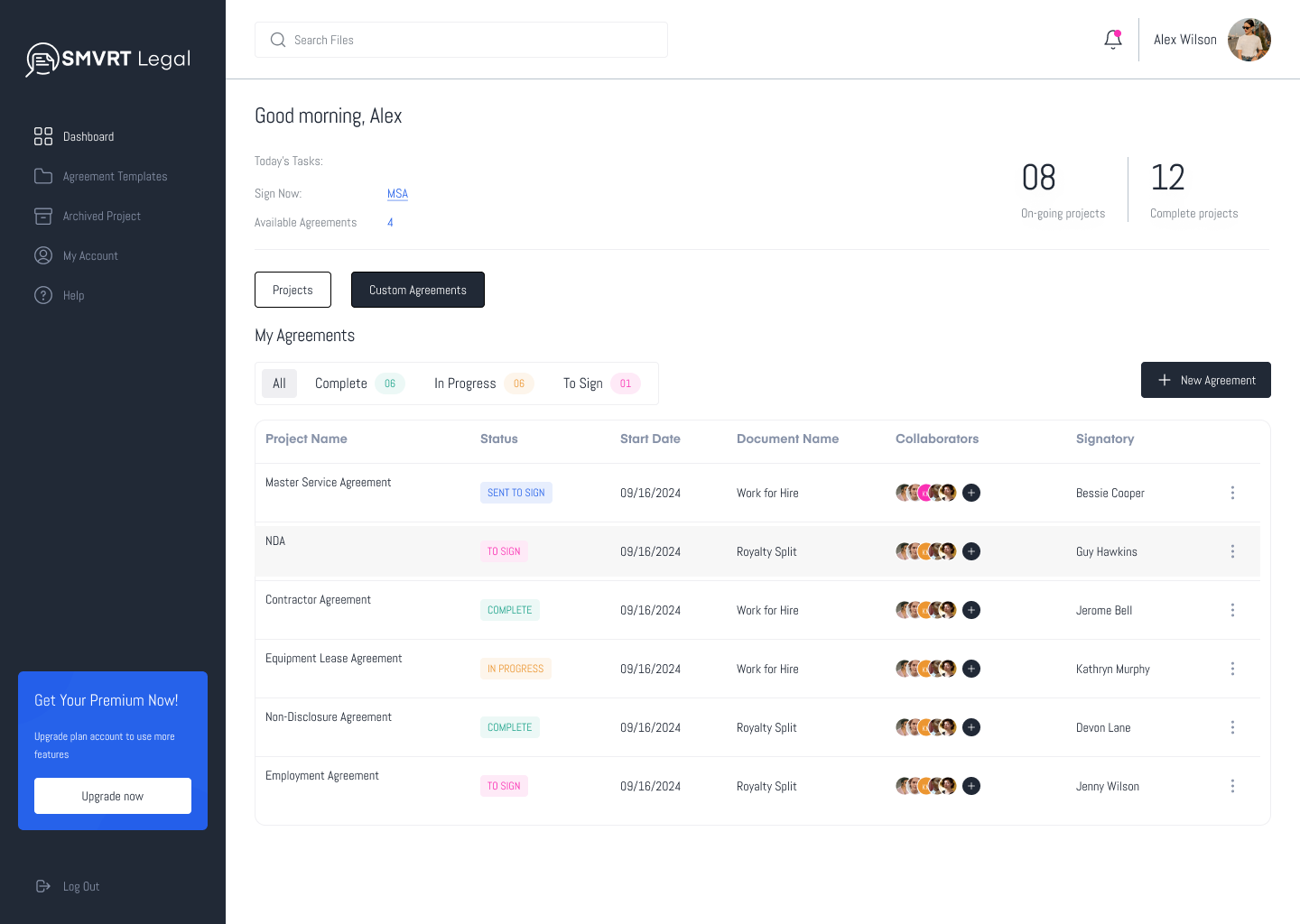 This image shows the SMVRT Legal dashboard, where users can manage their agreements in one place. The interface displays active projects, completed ag