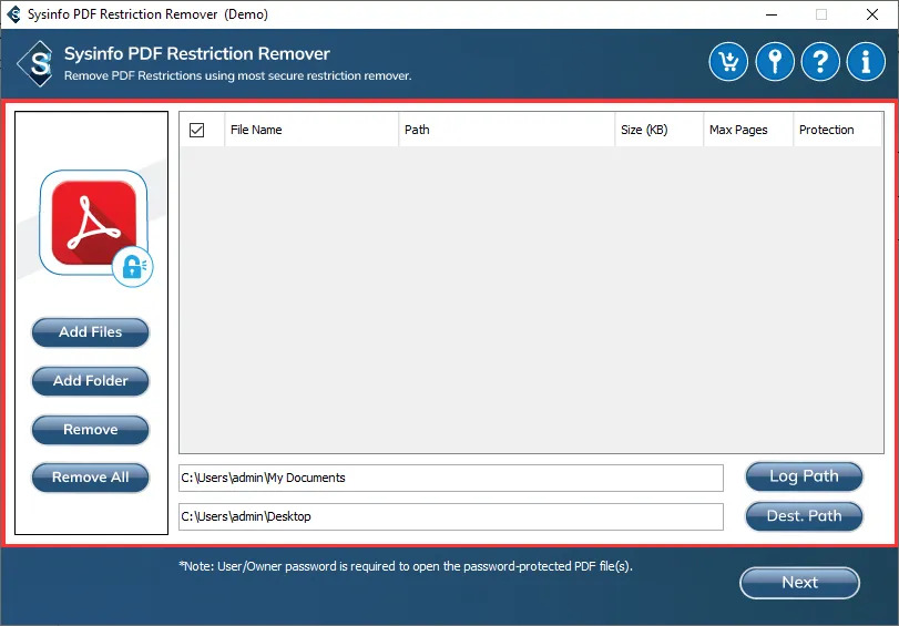 Sysinfo PDF Restriction Remover Tool screenshot