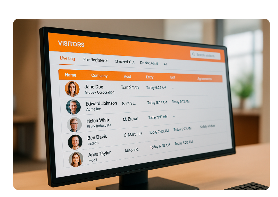 Every action within the TimeChart visitor entry system—from the moment a guest is pre-registered to their final check-out—is automatically logged in