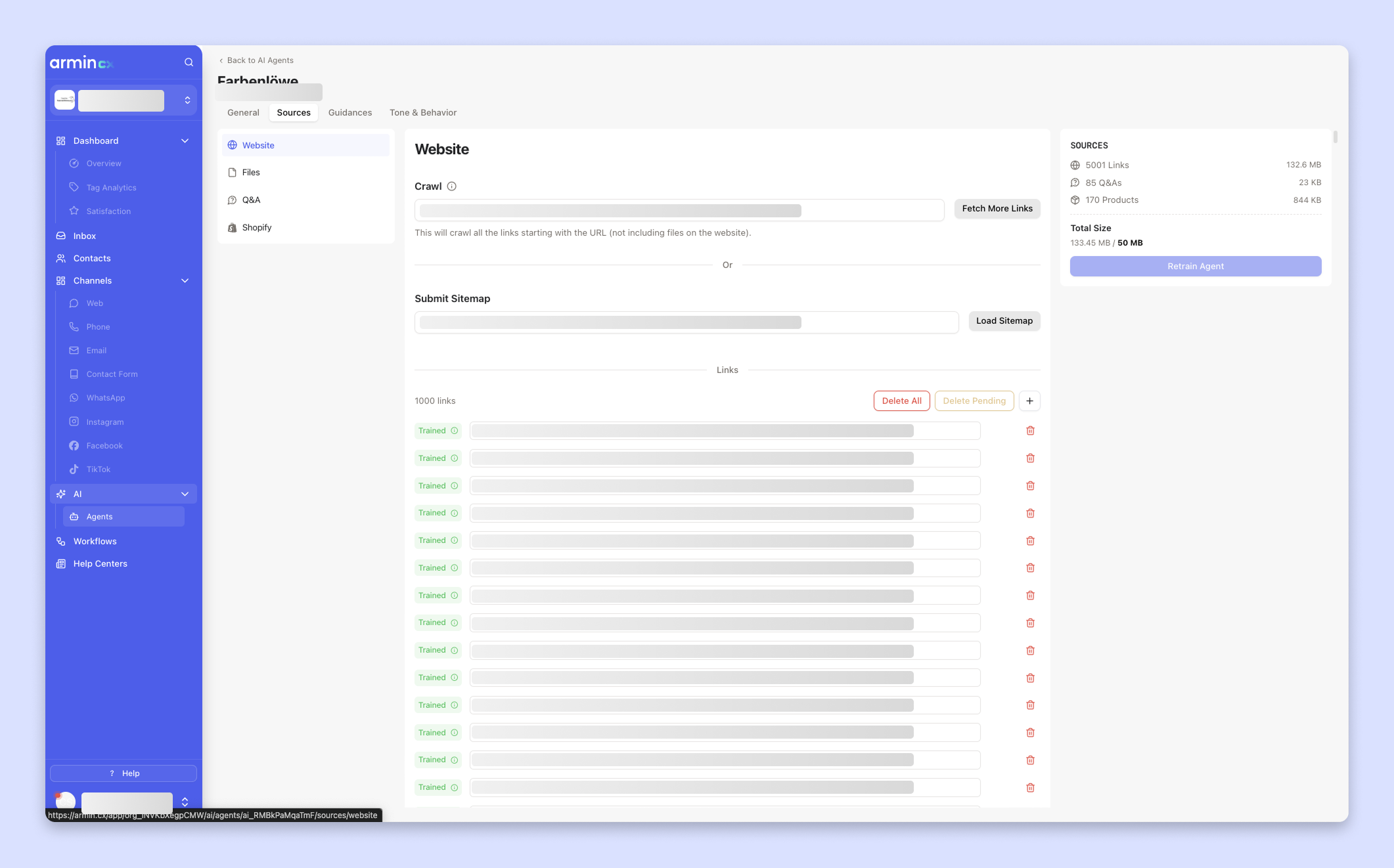 AI agent configuration screen in ArminCX where users train data sources such as website content and FAQs.