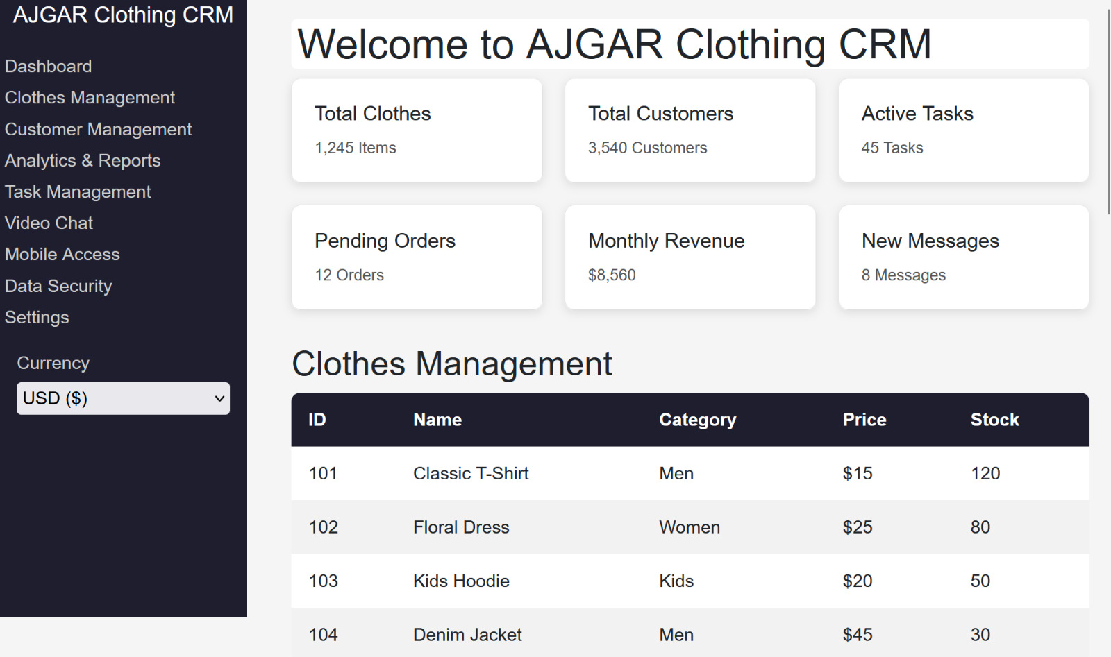 AJGAR Clothing CRM