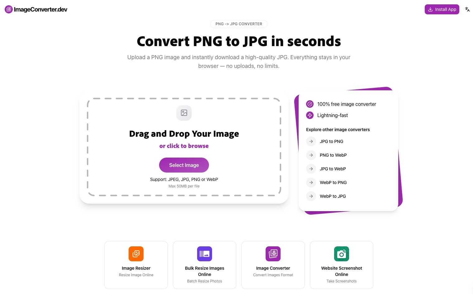 Instantly convert any image format to JPG, PNG or WEBP
