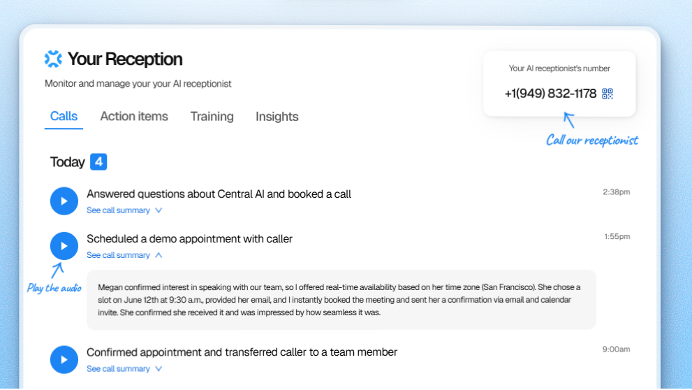 Central AI Voice Receptionist screenshot